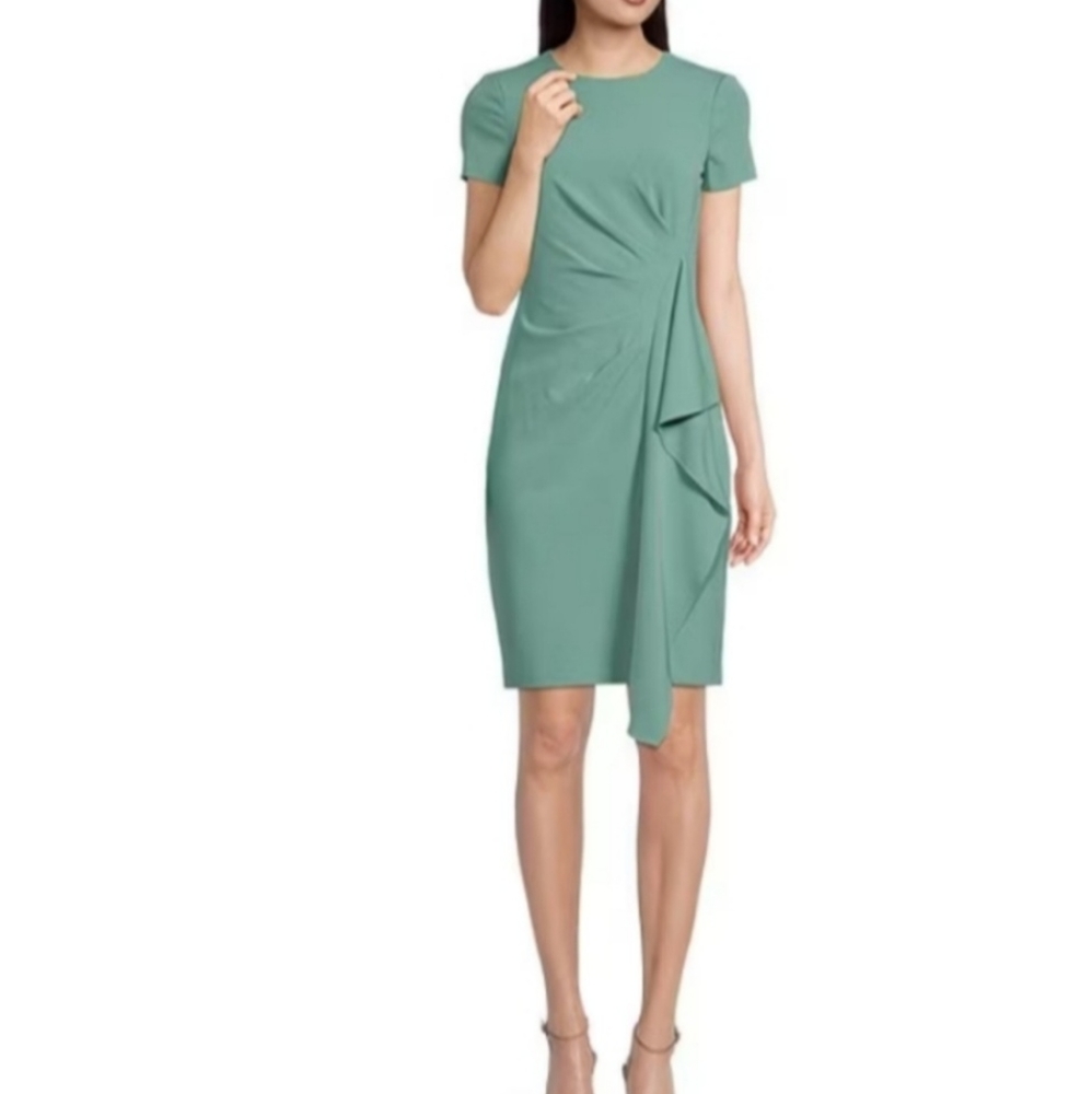 Vince Camuto Short Sleeve Jewel Neck Draped Ruffle Sheath Dress, size 0